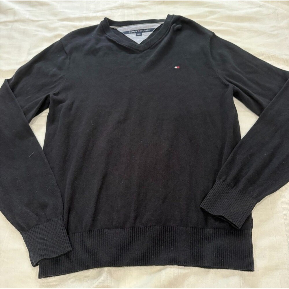 Tommy Hilfiger Men’s Small Black V-Neck Sweater Cotton Flag Logo Pullover